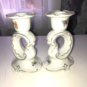 Ornate White and Orange Candlestick Holders - Floral Accents by Weimar Germany